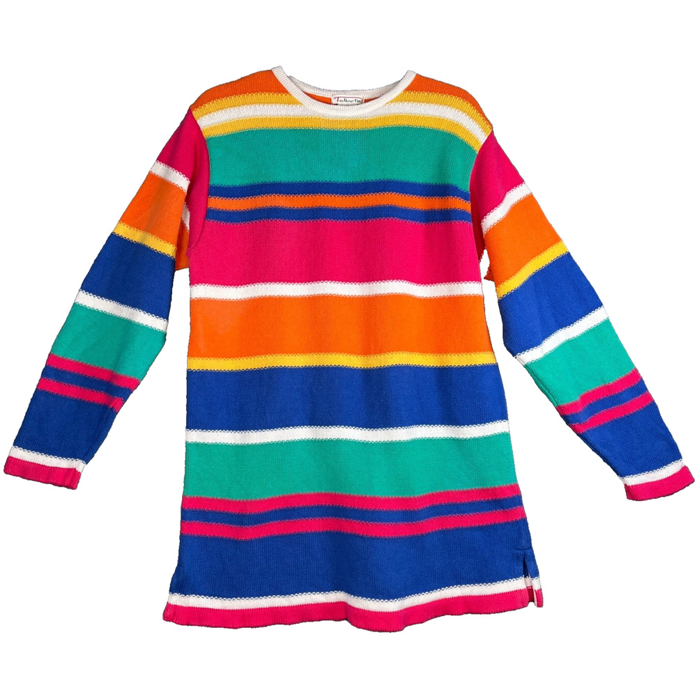Vintage Talbots Rainbow Stripe Sweater Dress M Y2K Retro Dopamine Cotton Knit